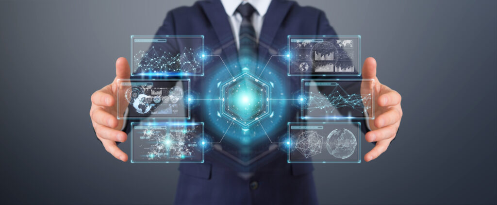 Businessman using digital screens interface with holograms datas